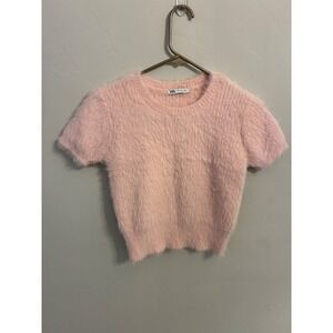 ZARA Fuzzy Knit Short Sleeve Cropped Sweater Top Pink Size M